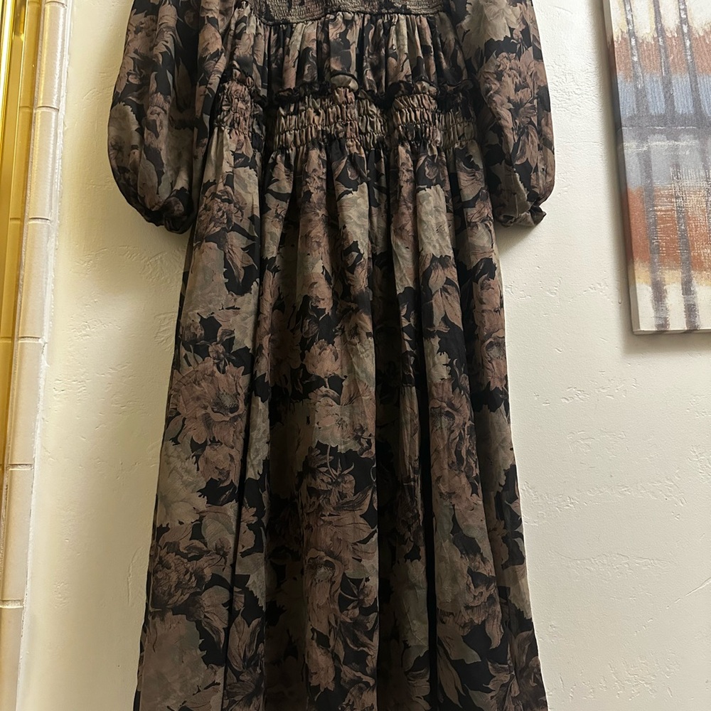 Carly Jean Los Angeles Smocked long sleeve Dress in Brown and Black - Picture 6 of 6